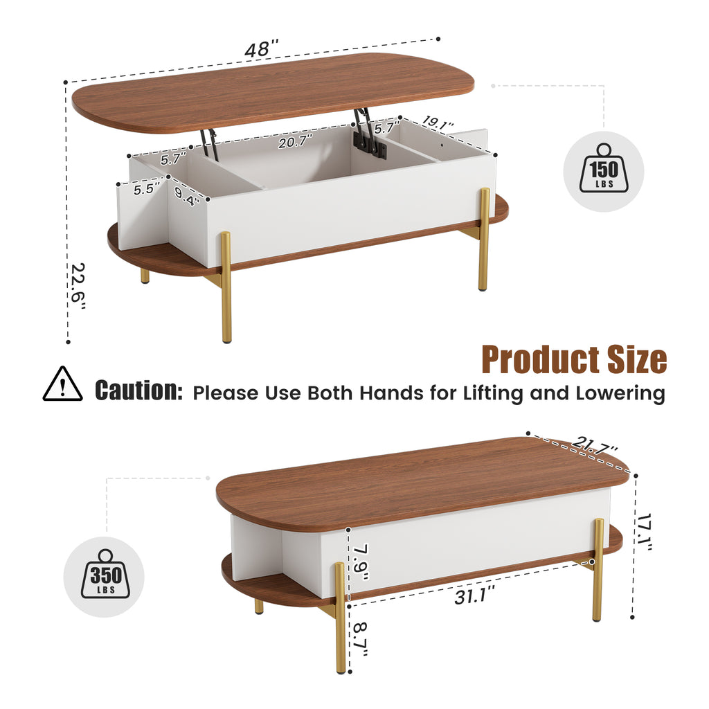 Flycity 48" Oval Lift Top Coffee Table with Hidden Storage and Open Shelves, Lift up Coffee Table for Living Room Bedroom, Max Load 400 Lbs, Brown + White