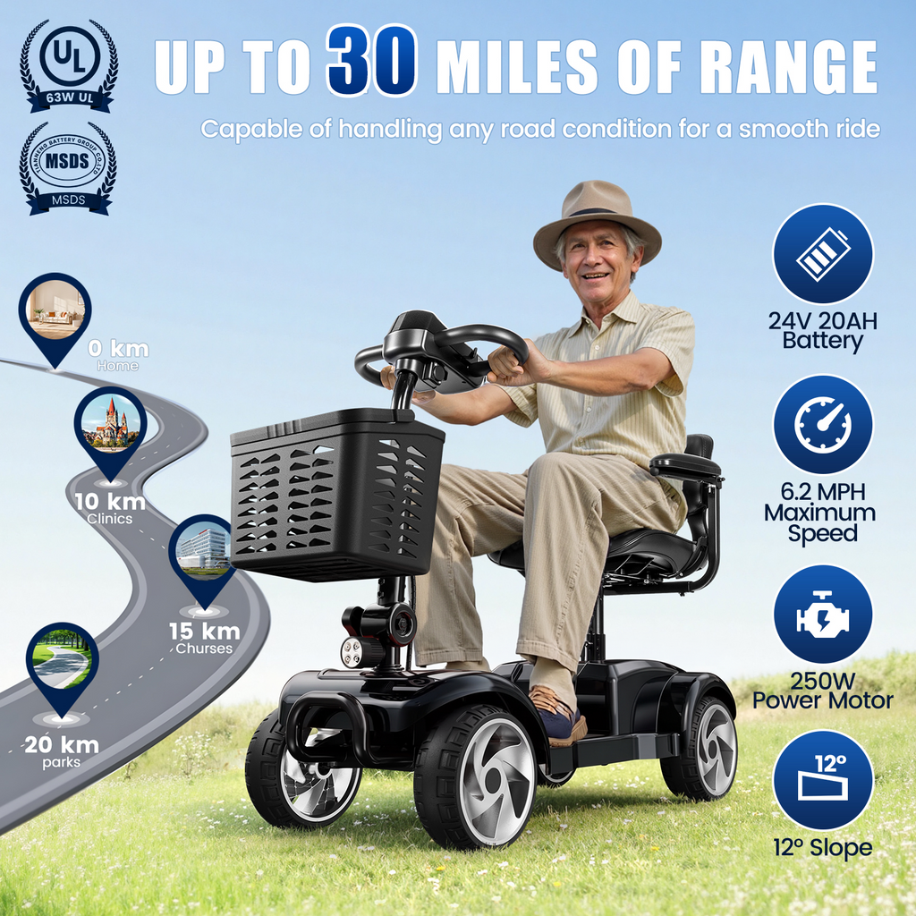 Flycity 24V 4 Wheel Mobility Scooter for Seniors, Foldable 30 Miles Long Range Electric Scooter with LED Lights and Basket, 20Ah Electric Powered Wheelchair Device for Adults, Black