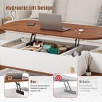 Flycity 48" Oval Lift Top Coffee Table with Hidden Storage and Open Shelves, Lift up Coffee Table for Living Room Bedroom, Max Load 400 Lbs, Brown + White