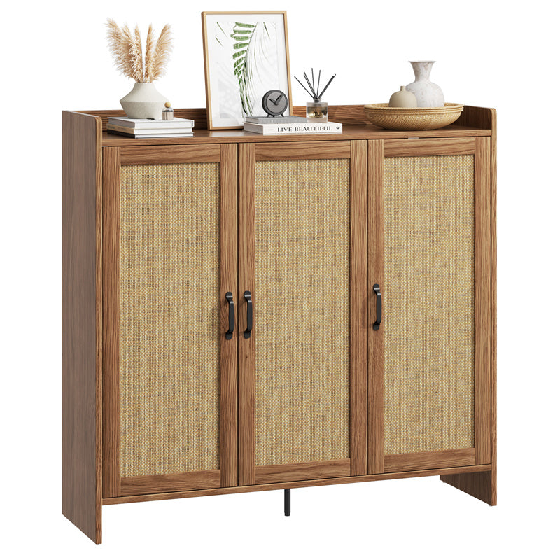 Flycity Rattan Shoe Storage Cabinet, 6-Tiers Shoe Rack with 3 Doors, Freestanding Shoe Organizer with Adjustable Shelves for Entryway Hallway, Beige