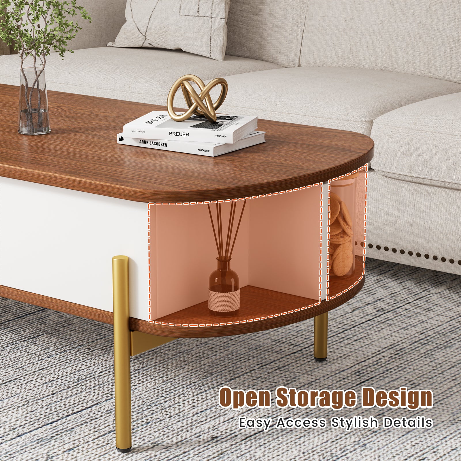 Flycity 48" Oval Lift Top Coffee Table with Hidden Storage and Open Shelves, Lift up Coffee Table for Living Room Bedroom, Max Load 400 Lbs, Brown + White