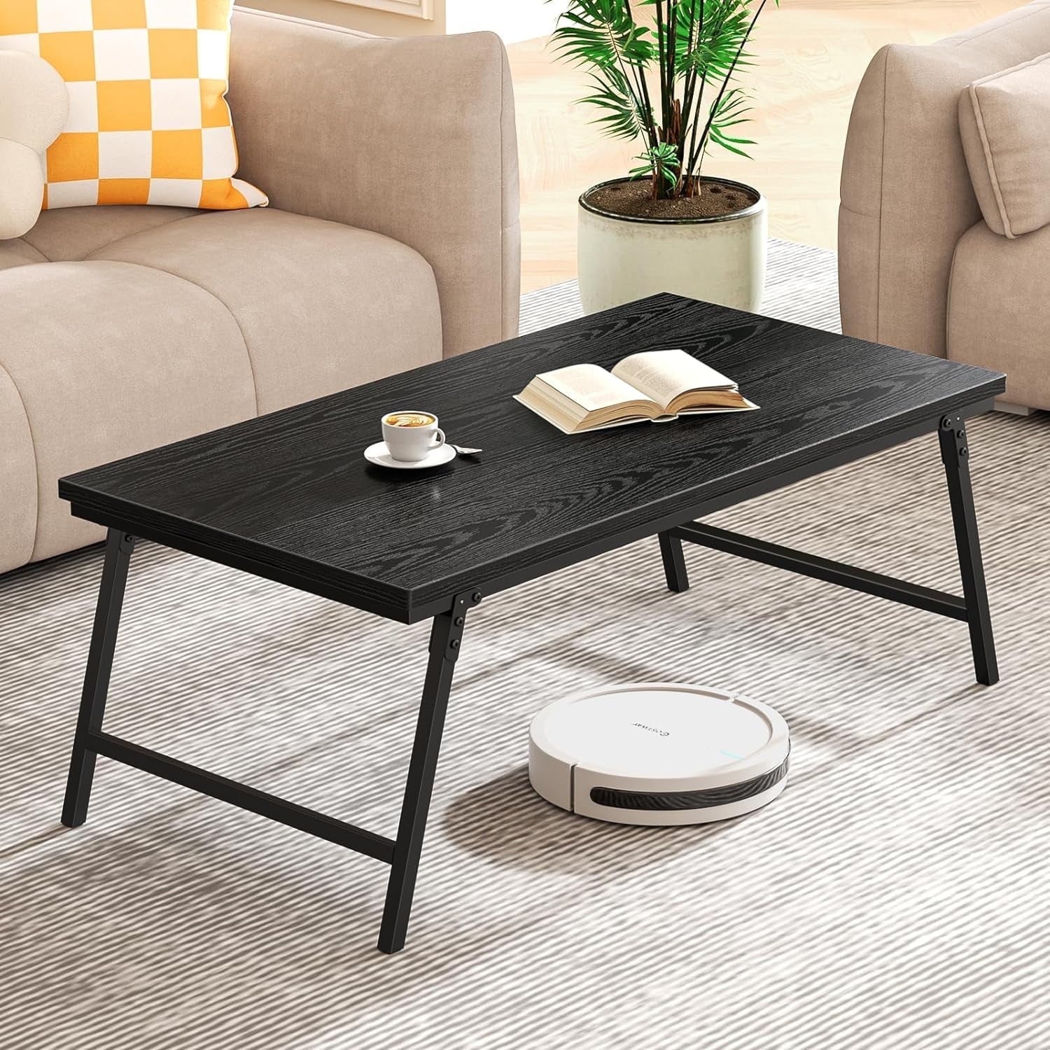 Flycity No Assembly Folding Coffee Table, Leg Latches Portable Sturdy Floor Table Desk for Sitting on The Floor, Low Coffee Table for Living Room, Home, Office, Black, 41.34"x21.65"x15.75"