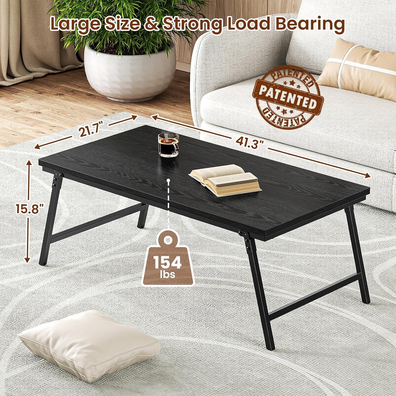 Flycity No Assembly Folding Coffee Table, Leg Latches Portable Sturdy Floor Table Desk for Sitting on The Floor, Low Coffee Table for Living Room, Home, Office, Black, 41.34"x21.65"x15.75"
