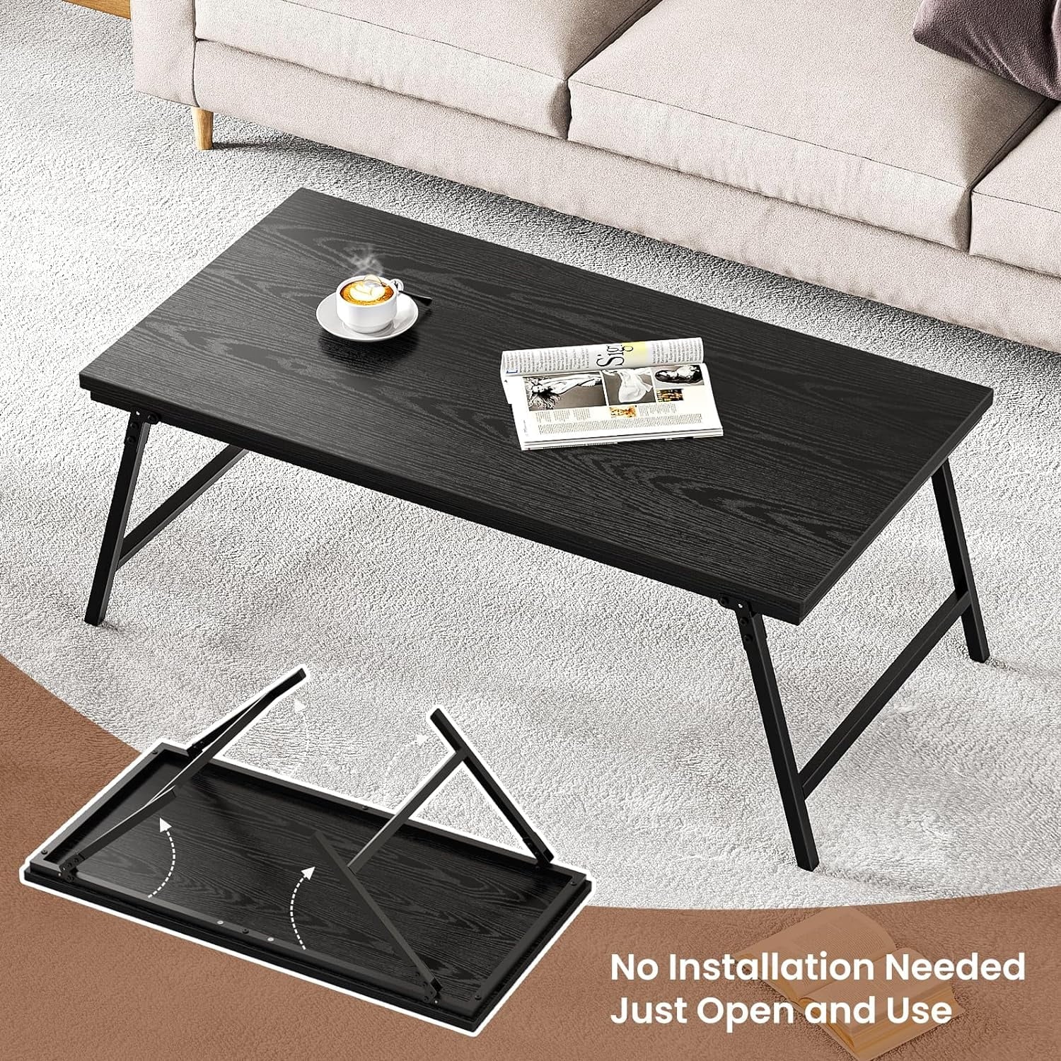 Flycity No Assembly Folding Coffee Table, Leg Latches Portable Sturdy Floor Table Desk for Sitting on The Floor, Low Coffee Table for Living Room, Home, Office, Black, 41.34"x21.65"x15.75"