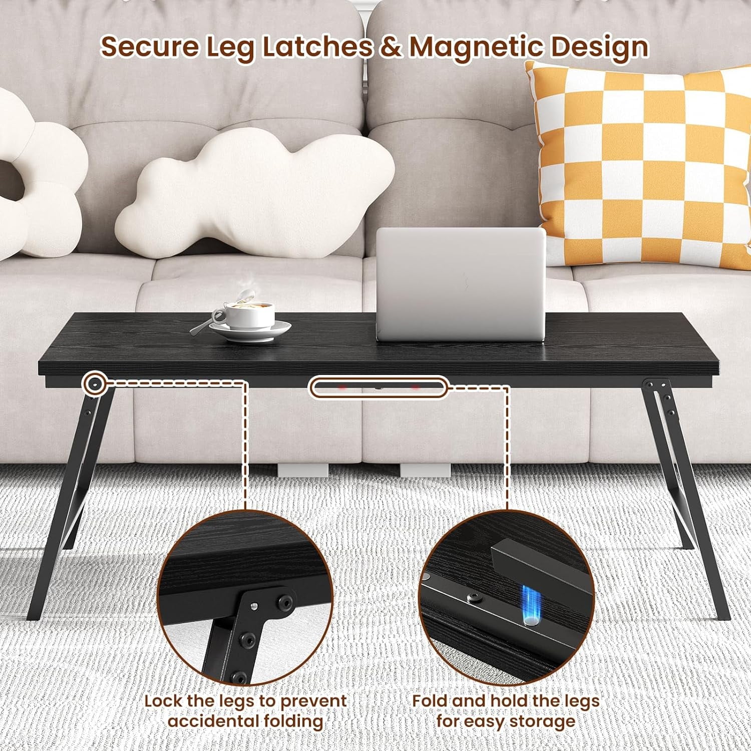 Flycity No Assembly Folding Coffee Table, Leg Latches Portable Sturdy Floor Table Desk for Sitting on The Floor, Low Coffee Table for Living Room, Home, Office, Black, 41.34"x21.65"x15.75"
