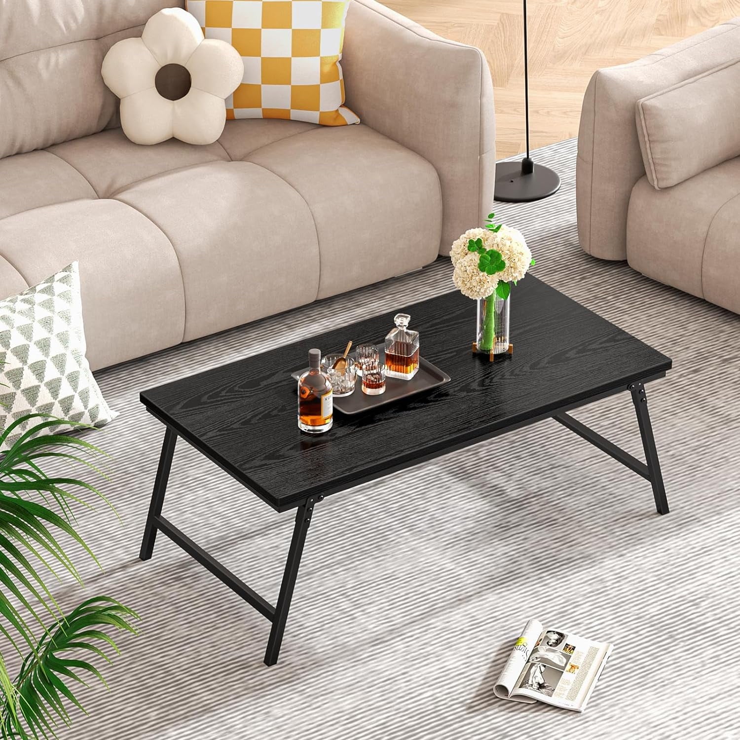 Flycity No Assembly Folding Coffee Table, Leg Latches Portable Sturdy Floor Table Desk for Sitting on The Floor, Low Coffee Table for Living Room, Home, Office, Black, 41.34"x21.65"x15.75"