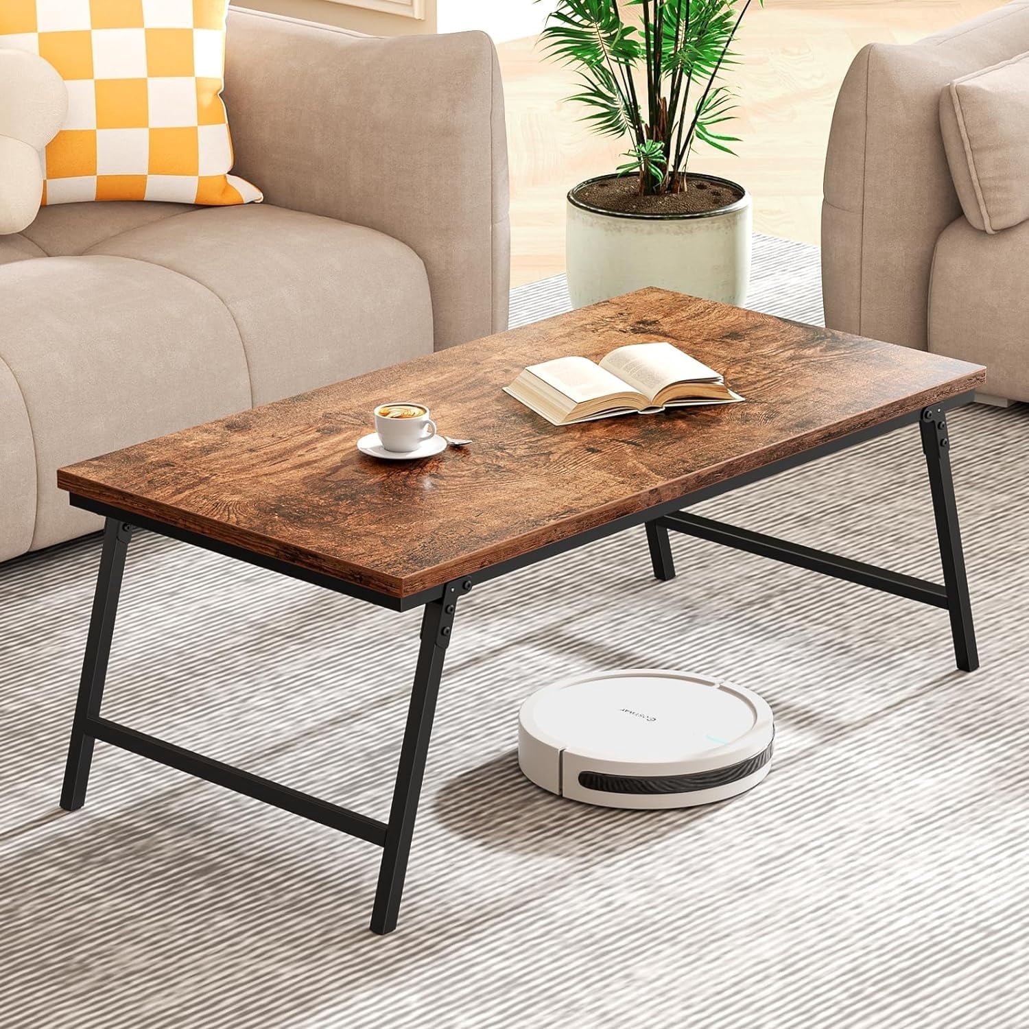 Flycity No Assembly Folding Coffee Table, Leg Latches Portable Sturdy Floor Table Desk for Sitting on The Floor, Low Coffee Table for Living Room, Home, Office, Rustic Brown, 41.34"x21.65"x15.75"