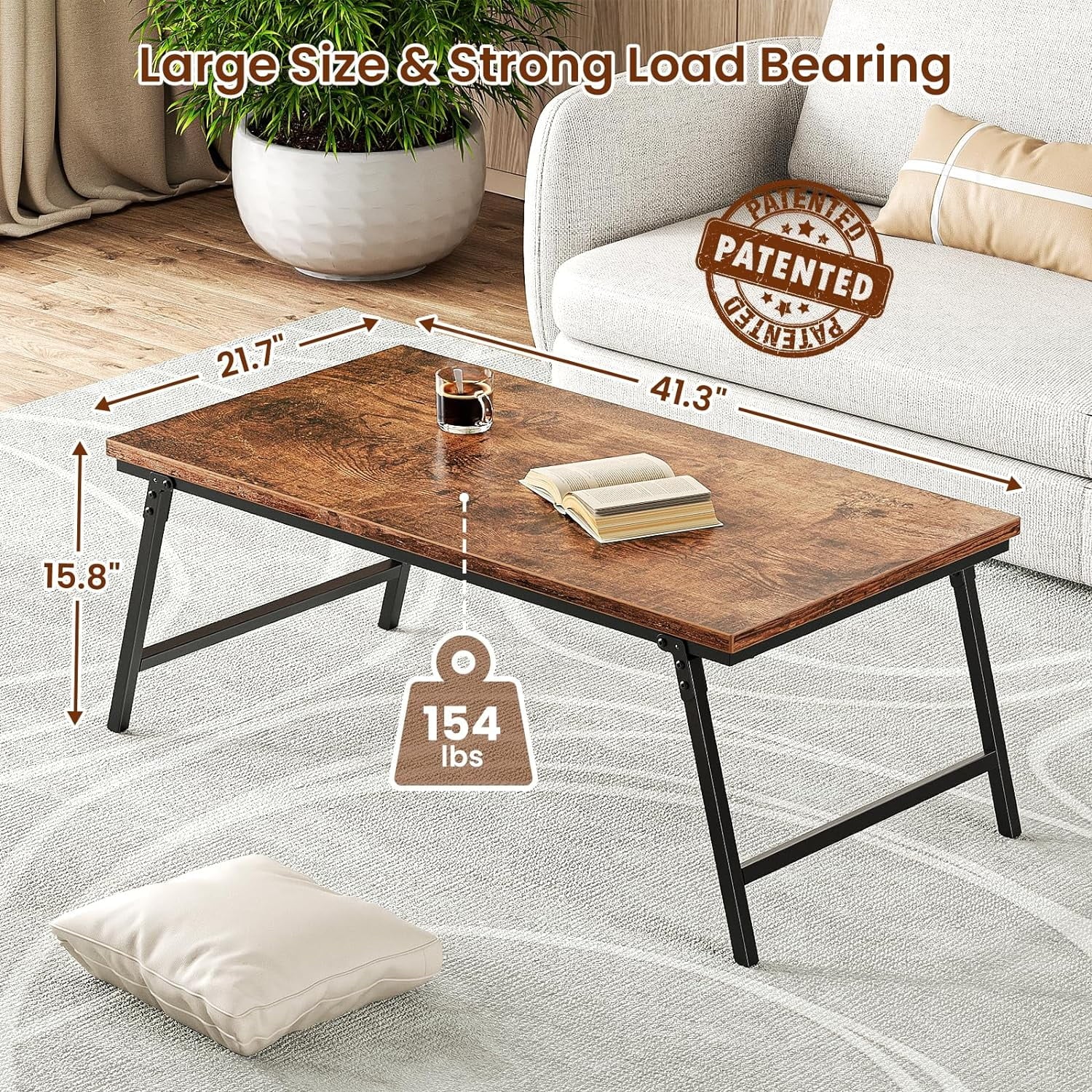 Flycity No Assembly Folding Coffee Table, Leg Latches Portable Sturdy Floor Table Desk for Sitting on The Floor, Low Coffee Table for Living Room, Home, Office, Rustic Brown, 41.34"x21.65"x15.75"