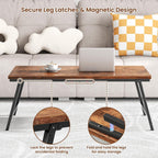 Flycity No Assembly Folding Coffee Table, Leg Latches Portable Sturdy Floor Table Desk for Sitting on The Floor, Low Coffee Table for Living Room, Home, Office, Rustic Brown, 41.34"x21.65"x15.75"