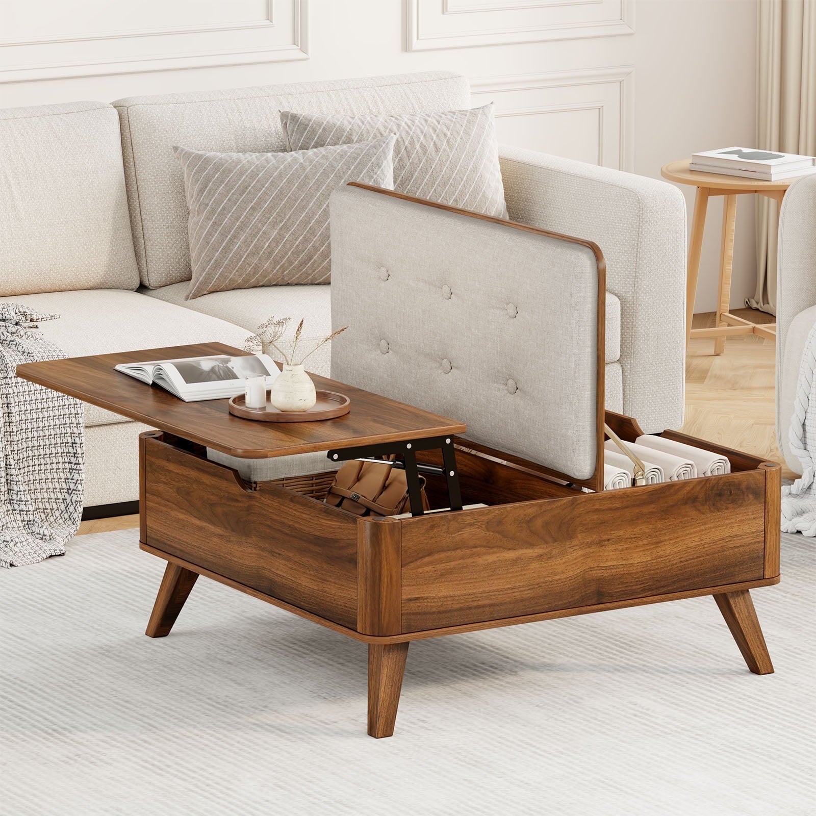 Flycity Large Square Lift-Top Coffee Table with Storage, 3 in 1 Multi-Function Convertible Ottoman Bench, Farmhouse Upholstered Coffee Table with Wooden Legs for Living Room & Bedroom (Brown)