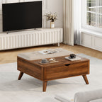 Flycity Large Square Lift-Top Coffee Table with Storage, 3 in 1 Multi-Function Convertible Ottoman Bench, Farmhouse Upholstered Coffee Table with Wooden Legs for Living Room & Bedroom (Brown)