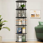 Flycity 5 Tier Rotating Bookshelf, 360° Display Rotating Bookcase Corner Storage Rack with Special Visible Partition Storage, Black