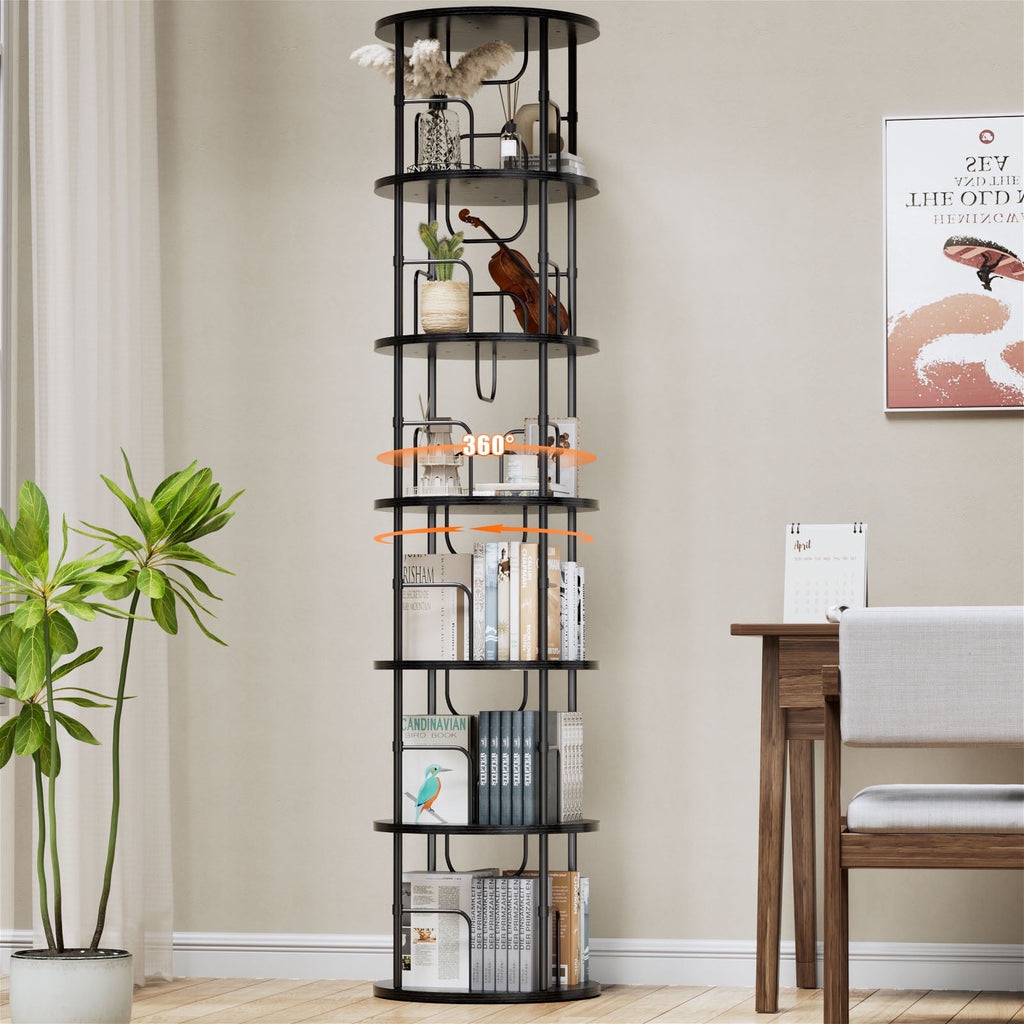 Flycity 6 Tier Rotating Bookshelf, 360° Display Rotating Bookcase Corner Storage Rack with Special Visible Partition Storage, Black