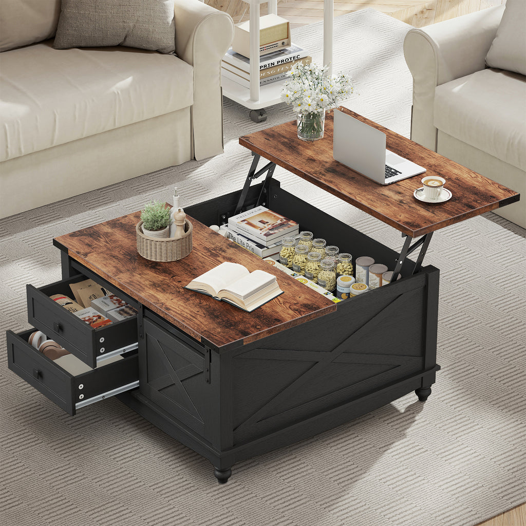 Flycity Square Lift Top Coffee Table with 2 Drawers, 31.5" Farmhouse Lift up Coffee Table with Hidden Storage Compartment, Wood Center Table for Living Room, Black