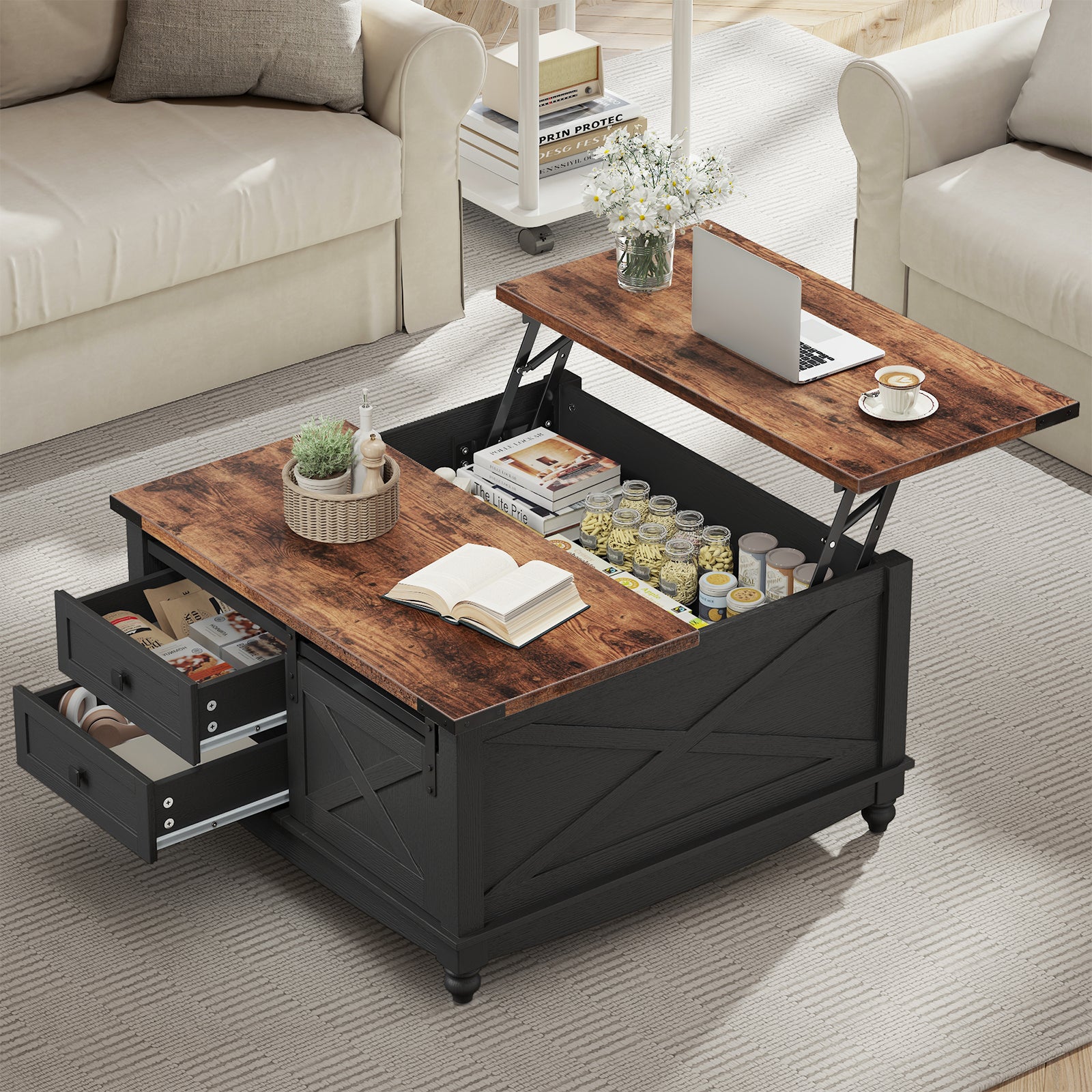 Flycity Square Lift Top Coffee Table with 2 Drawers, 31.5" Farmhouse Lift up Coffee Table with Hidden Storage Compartment, Wood Center Table for Living Room, Black