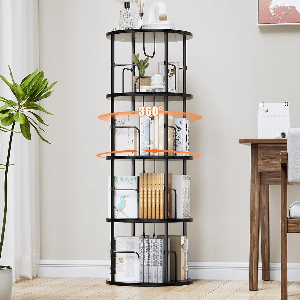 Flycity 4 Tier Rotate Bookcases, 360° Display Spin Bookcases Corner Shelf with Special Visible Partition Storage, Black