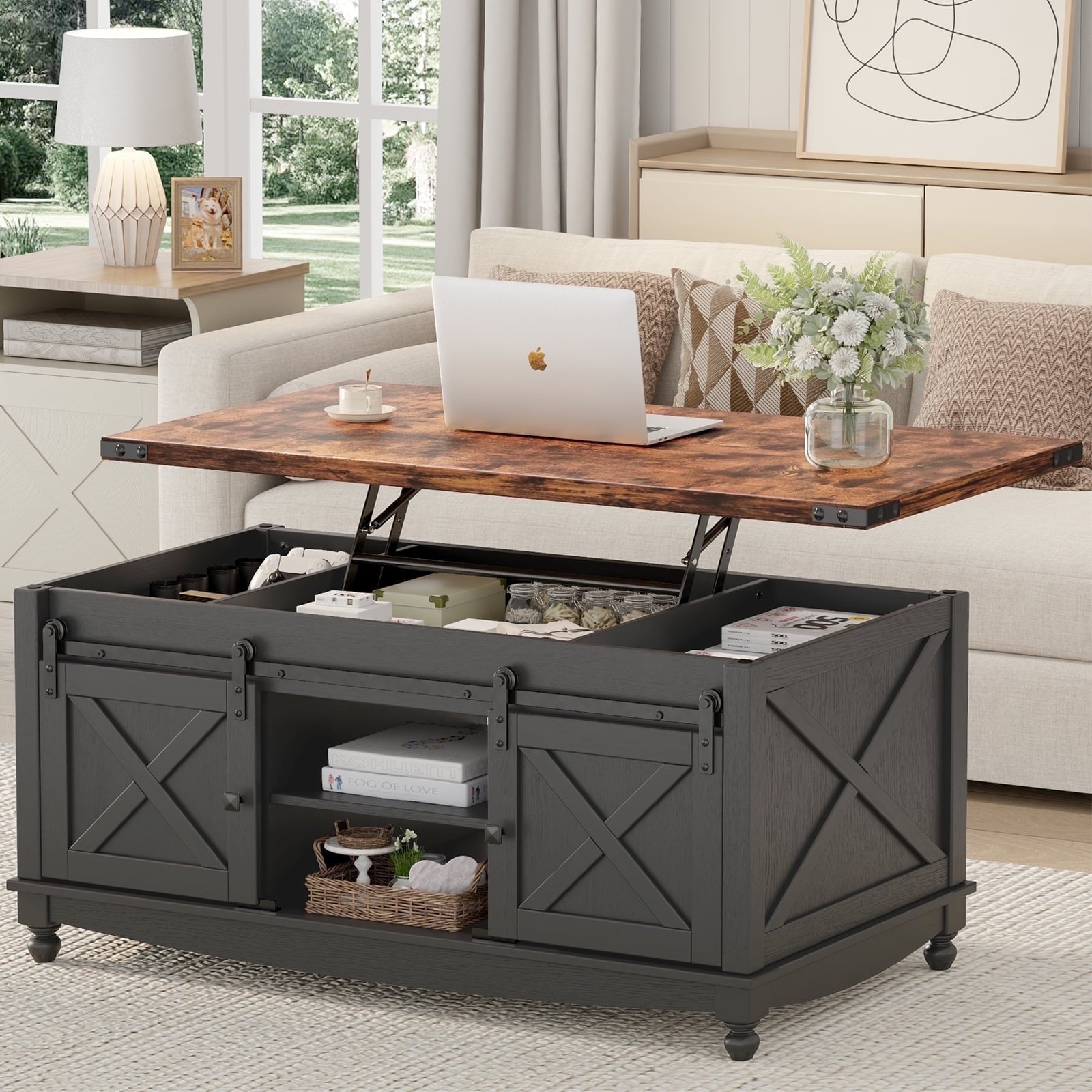 Flycity 48" Farmhouse Lift Top Coffee Table with Storage Sliding Barn Door, Lifting Tabletop Rustic Center Table with Large Hidden Compartment for Living Room, Black & Brown