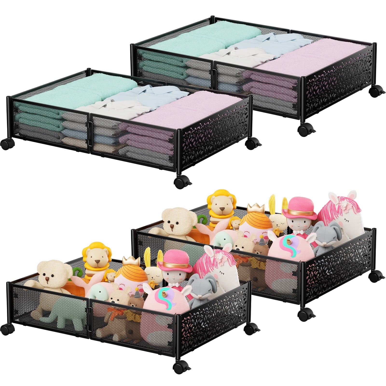 Flycity 4 Pack Foldable Under Bed Storage, Under the Bed Storage Containers with Wheels, Storage Organizer Bins for Bedroom Clothes Shoes Blankets - Black
