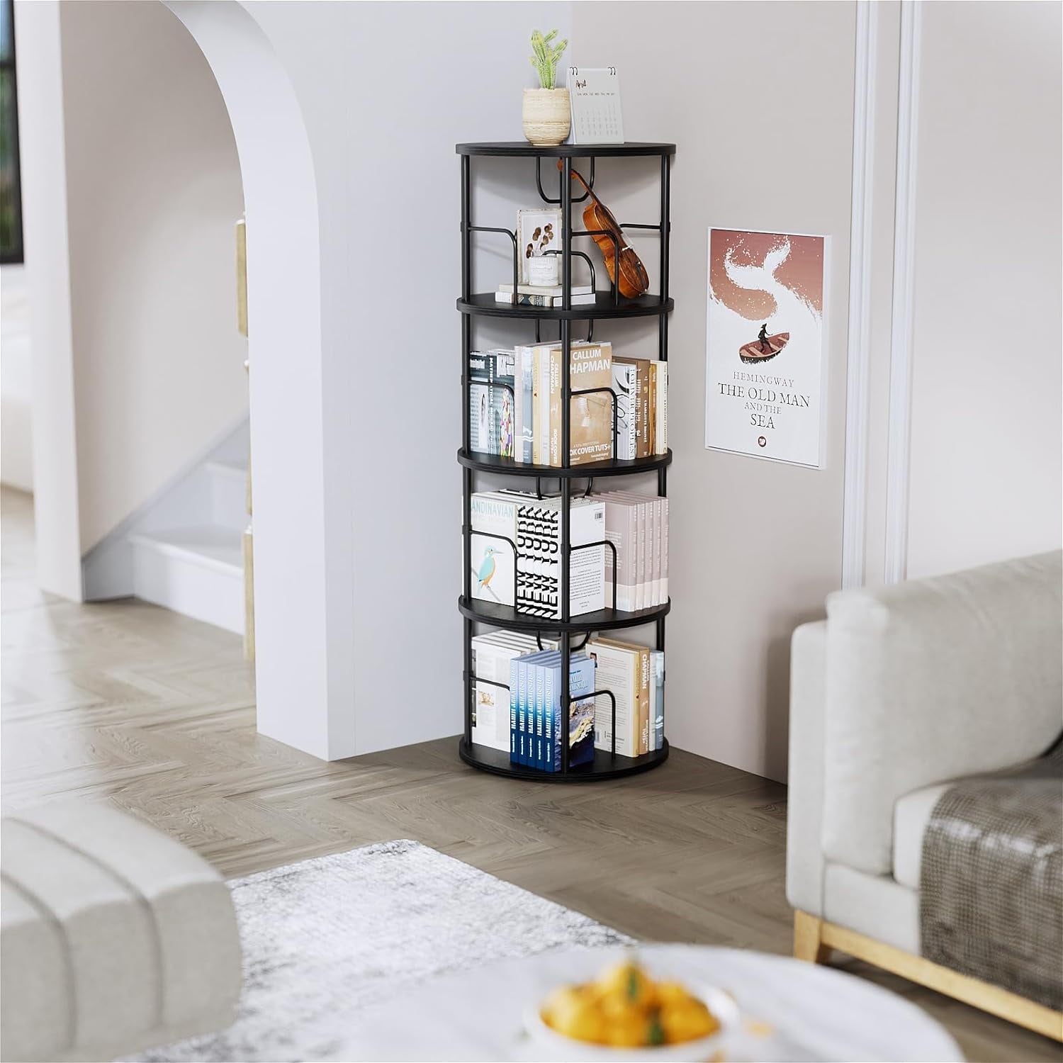 Flycity 4 Tier Rotate Bookcases, 360° Display Spin Bookcases Corner Shelf with Special Visible Partition Storage, Black