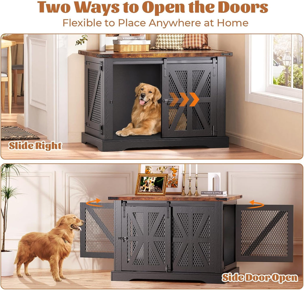 Flycity 39.3" Farmhouse Dog Crate Furniture with Sliding Door, Heavy Duty Dog Cage for Medium Small Dogs, Dog Kennel Furniture for Indoor Outdoor, Black