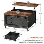 Flycity Square Lift Top Coffee Table with 2 Drawers, 31.5" Farmhouse Lift up Coffee Table with Hidden Storage Compartment, Wood Center Table for Living Room, Black