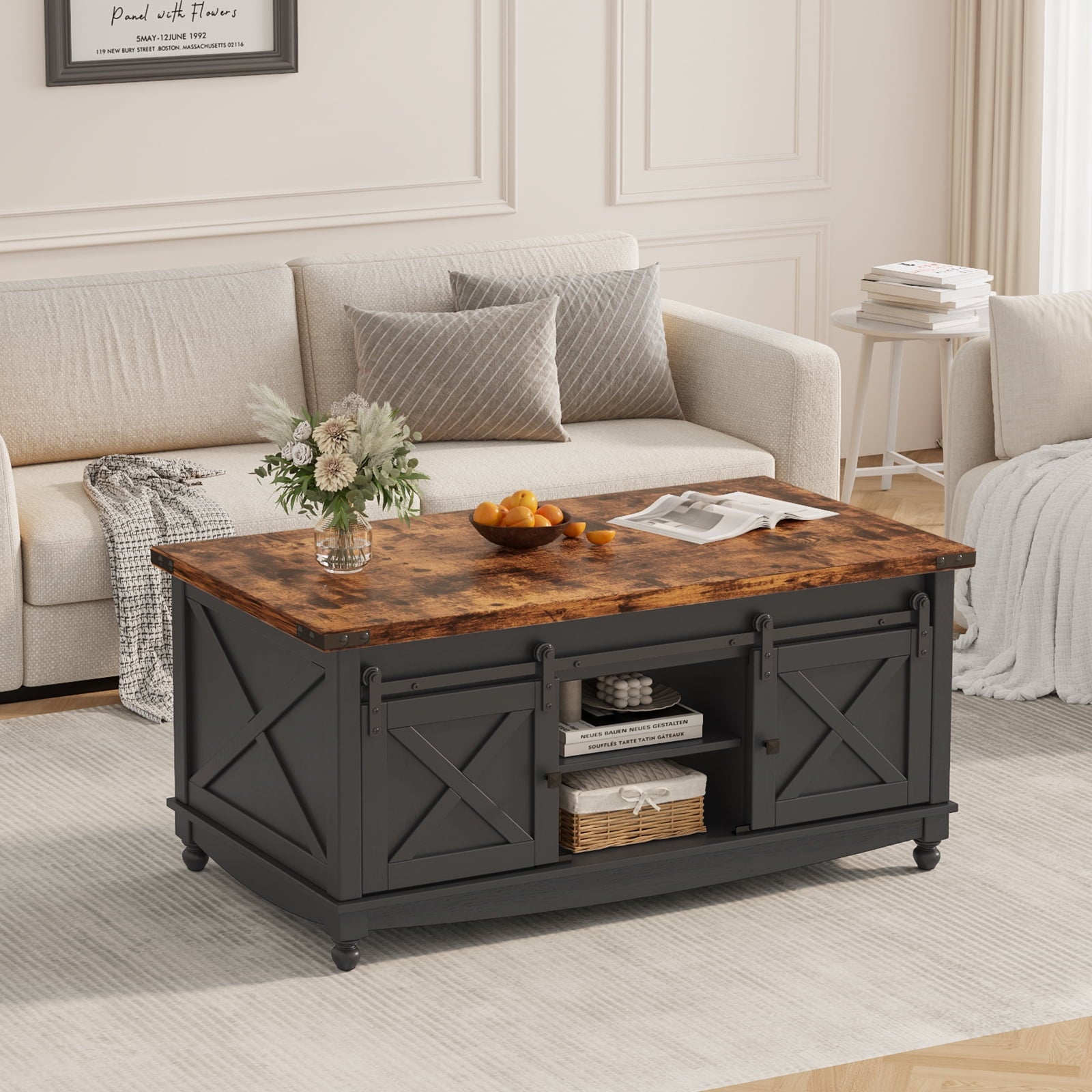 Flycity 48" Farmhouse Lift Top Coffee Table with Storage Sliding Barn Door, Lifting Tabletop Rustic Center Table with Large Hidden Compartment for Living Room, Black & Brown