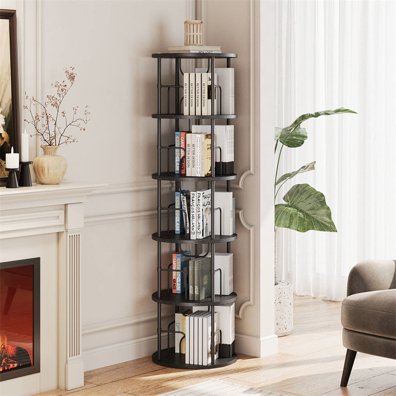 Flycity 5 Tier Rotating Bookshelf, 360° Display Rotating Bookcase Corner Storage Rack with Special Visible Partition Storage, Black