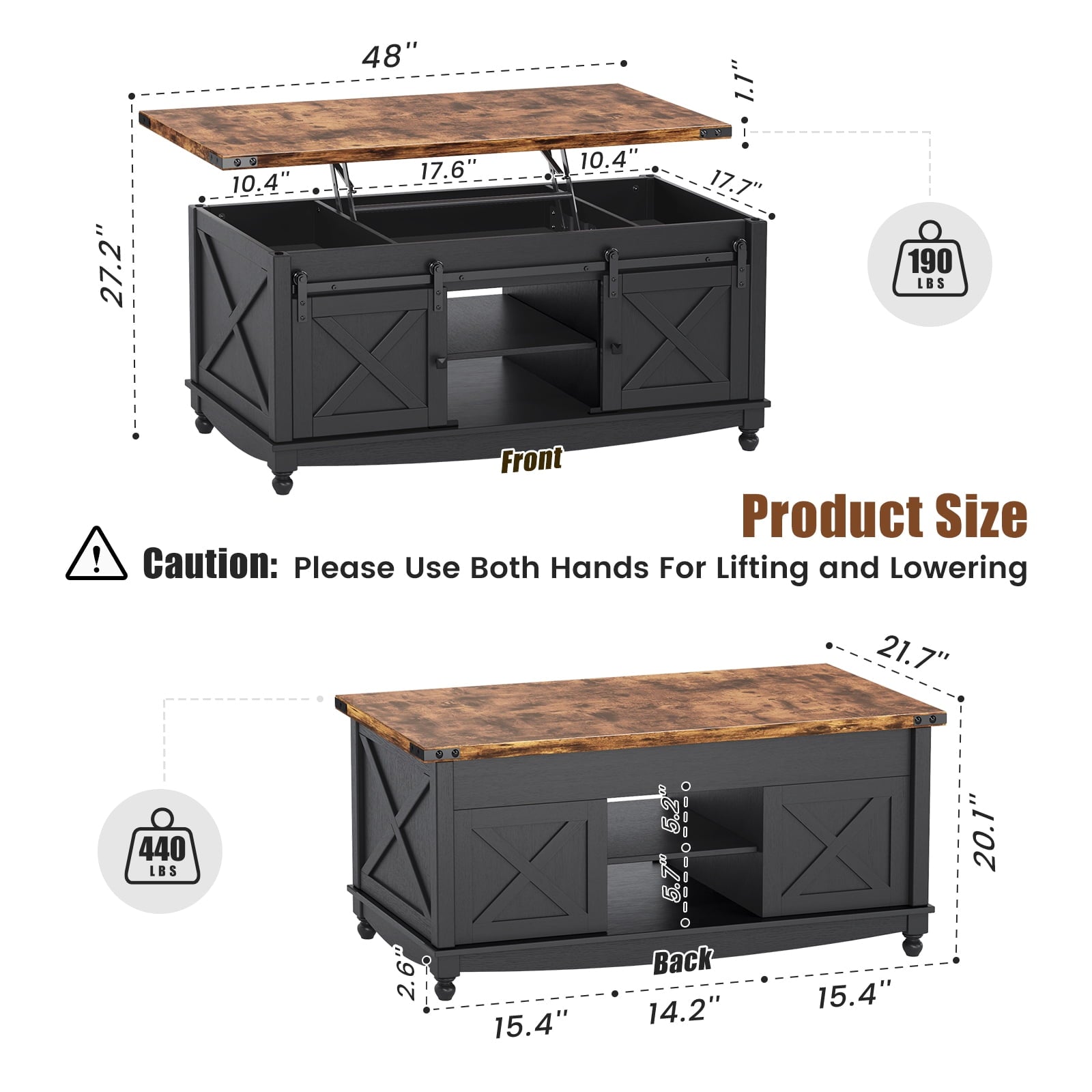Flycity 48" Farmhouse Lift Top Coffee Table with Storage Sliding Barn Door, Lifting Tabletop Rustic Center Table with Large Hidden Compartment for Living Room, Black & Brown