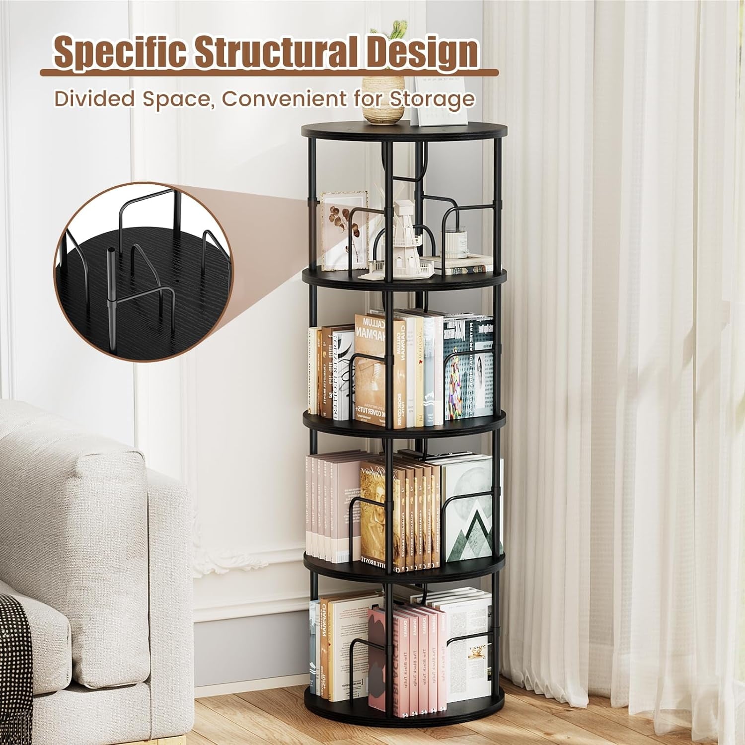 Flycity 4 Tier Rotate Bookcases, 360° Display Spin Bookcases Corner Shelf with Special Visible Partition Storage, Black