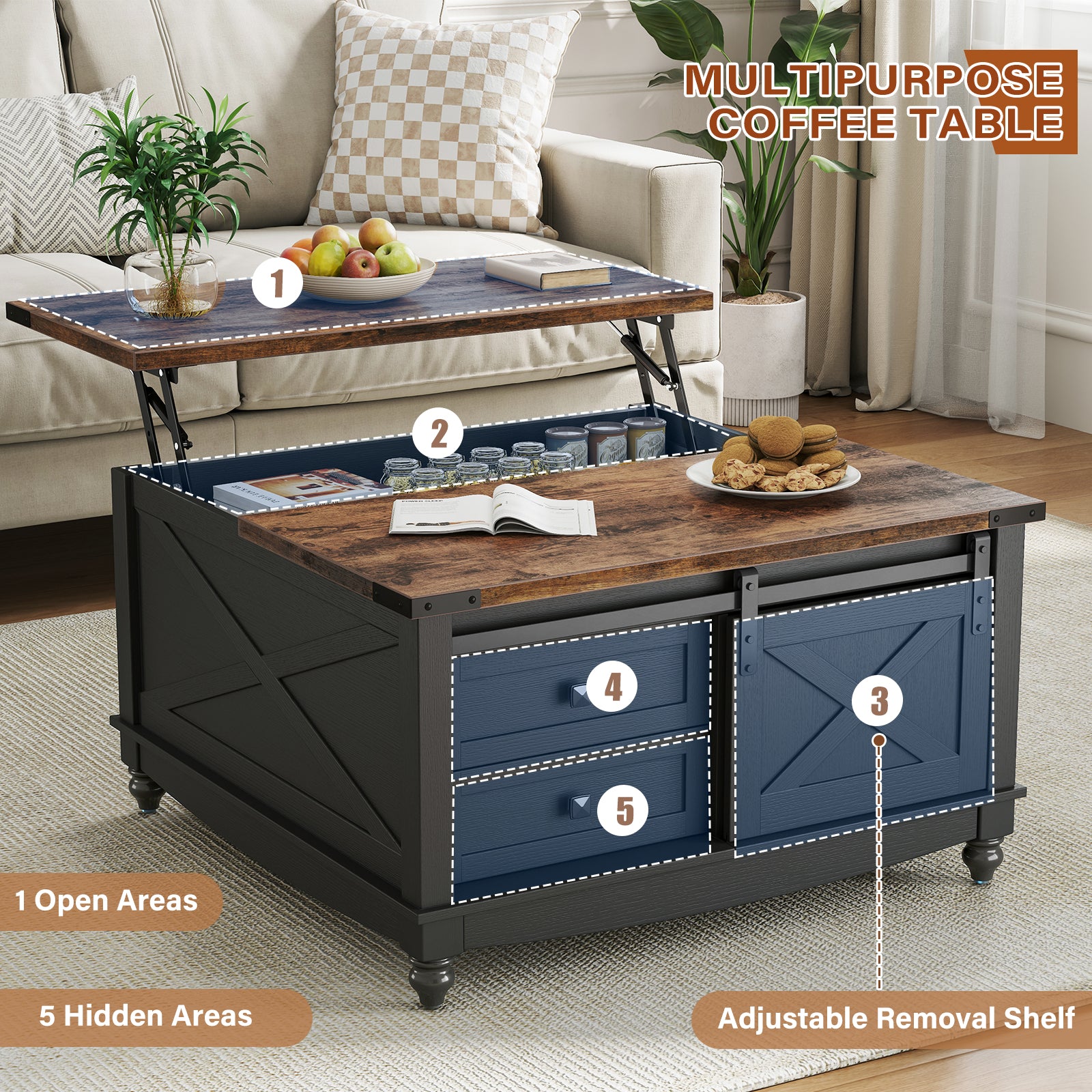 Flycity Square Lift Top Coffee Table with 2 Drawers, 31.5" Farmhouse Lift up Coffee Table with Hidden Storage Compartment, Wood Center Table for Living Room, Black