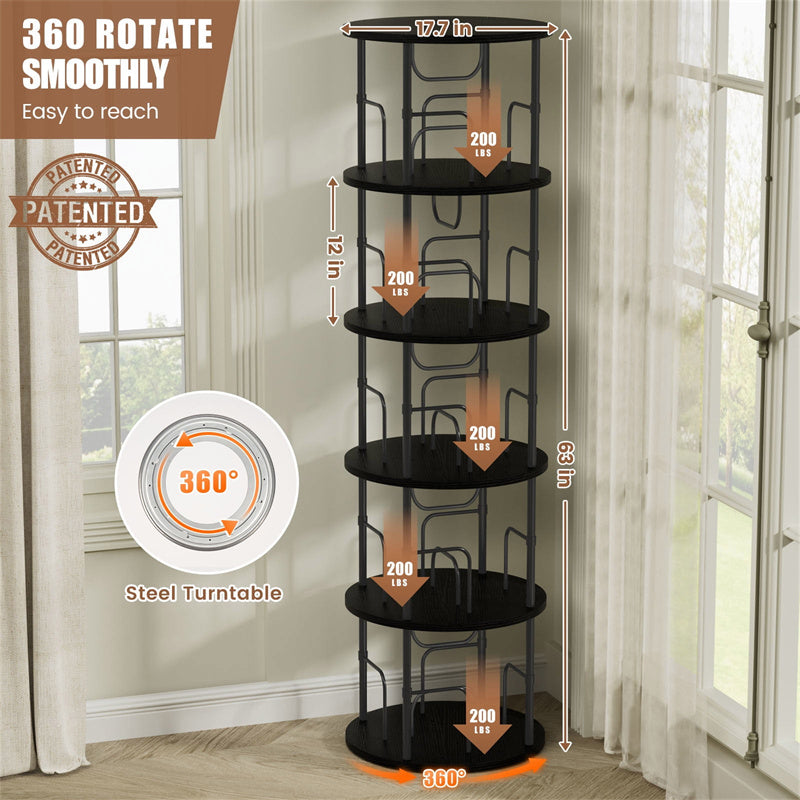 Flycity 5 Tier Rotating Bookshelf, 360° Display Rotating Bookcase Corner Storage Rack with Special Visible Partition Storage, Black