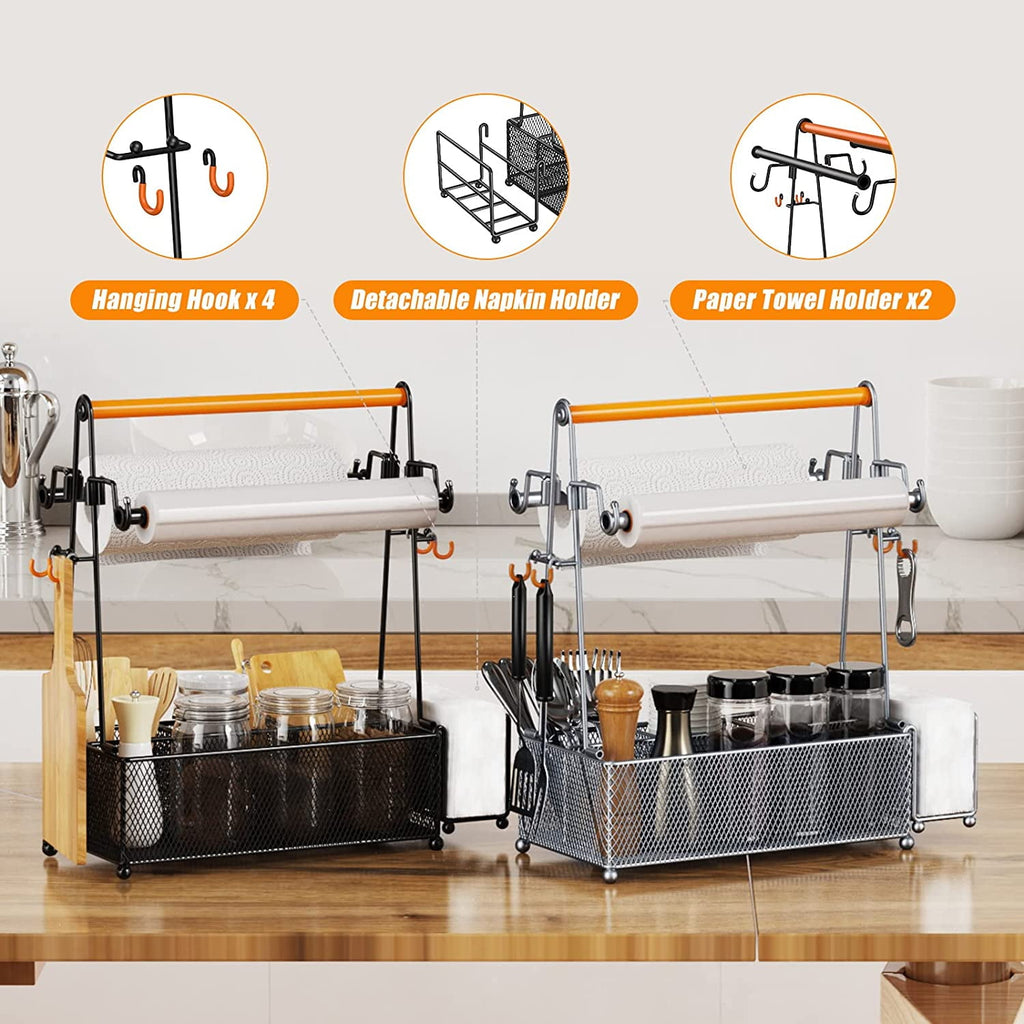 Flycity Grill Caddy, Silverware Caddy Condiment Caddy, Utensil Holder for Party, Picnic Flatware caddy with Handle and Paper Towel Roll Holders, Utensil Cutlery Caddy for Camping, Kitchen(Black)