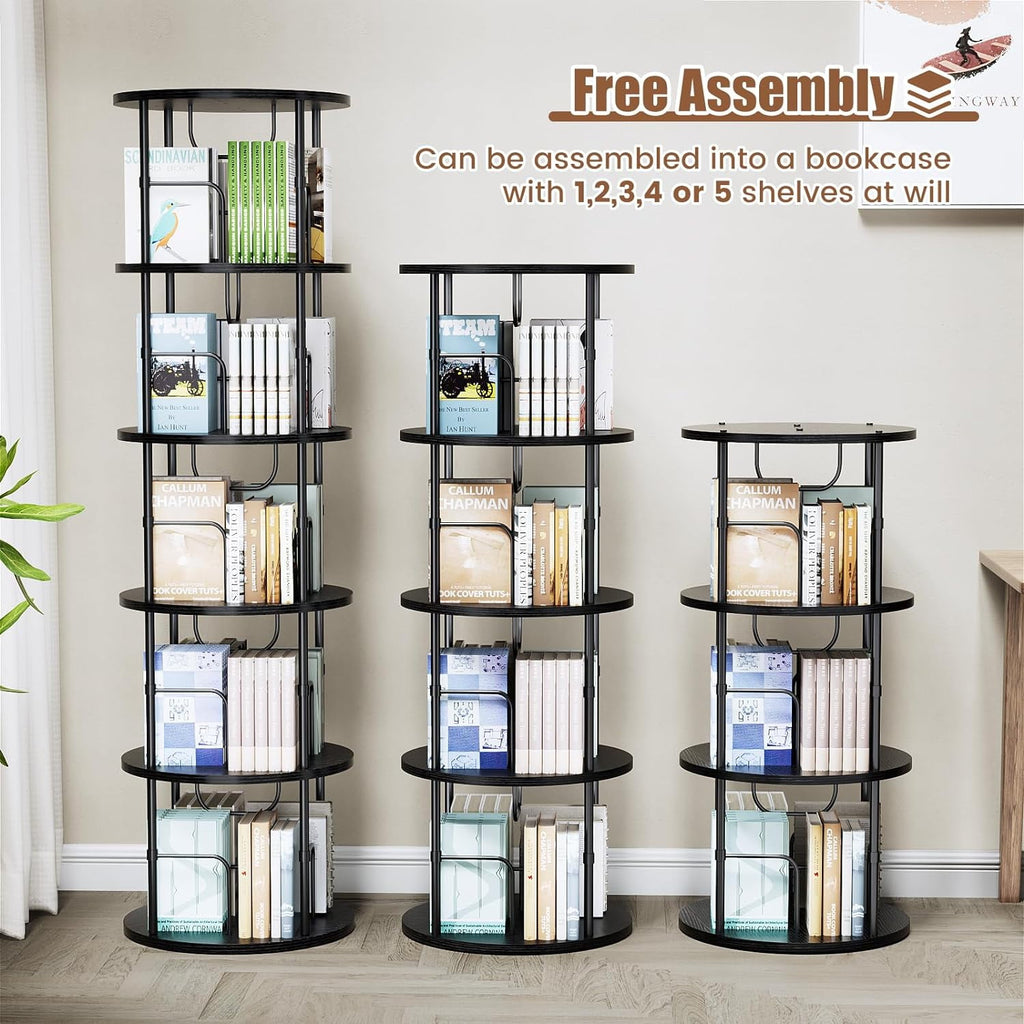 Flycity 4 Tier Rotate Bookcases, 360° Display Spin Bookcases Corner Shelf with Special Visible Partition Storage, Black