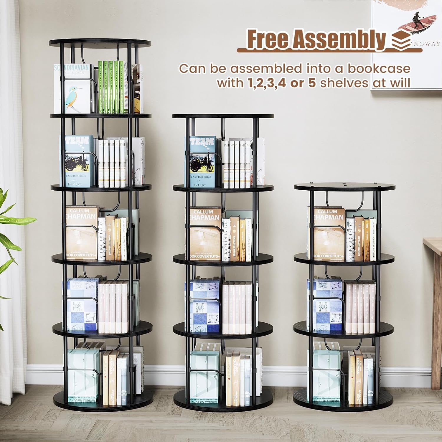 Flycity 4 Tier Rotate Bookcases, 360° Display Spin Bookcases Corner Shelf with Special Visible Partition Storage, Black