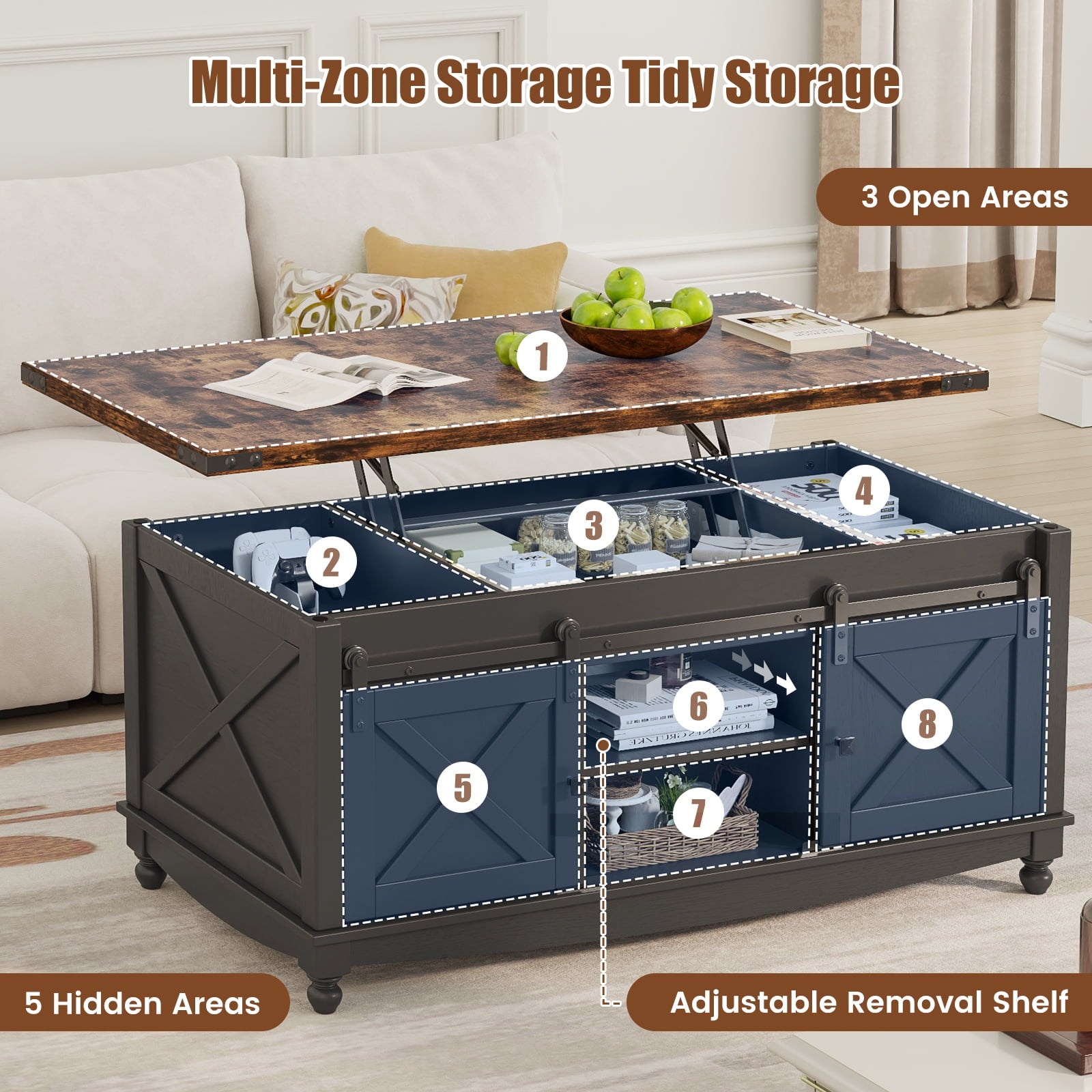 Flycity 48" Farmhouse Lift Top Coffee Table with Storage Sliding Barn Door, Lifting Tabletop Rustic Center Table with Large Hidden Compartment for Living Room, Black & Brown