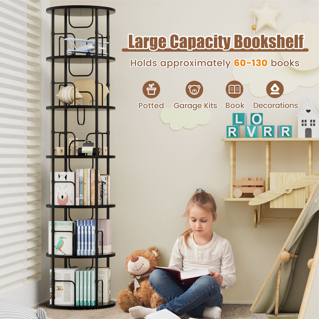 Flycity 6 Tier Rotating Bookshelf, 360° Display Rotating Bookcase Corner Storage Rack with Special Visible Partition Storage, Black