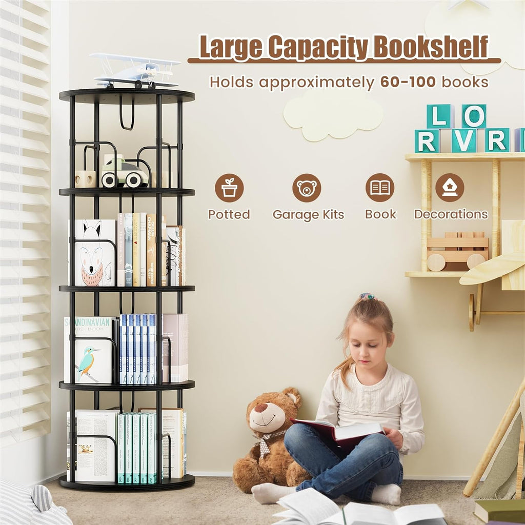 Flycity 4 Tier Rotate Bookcases, 360° Display Spin Bookcases Corner Shelf with Special Visible Partition Storage, Black
