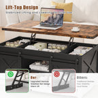 Flycity 48" Farmhouse Lift Top Coffee Table with Storage Sliding Barn Door, Lifting Tabletop Rustic Center Table with Large Hidden Compartment for Living Room, Black & Brown