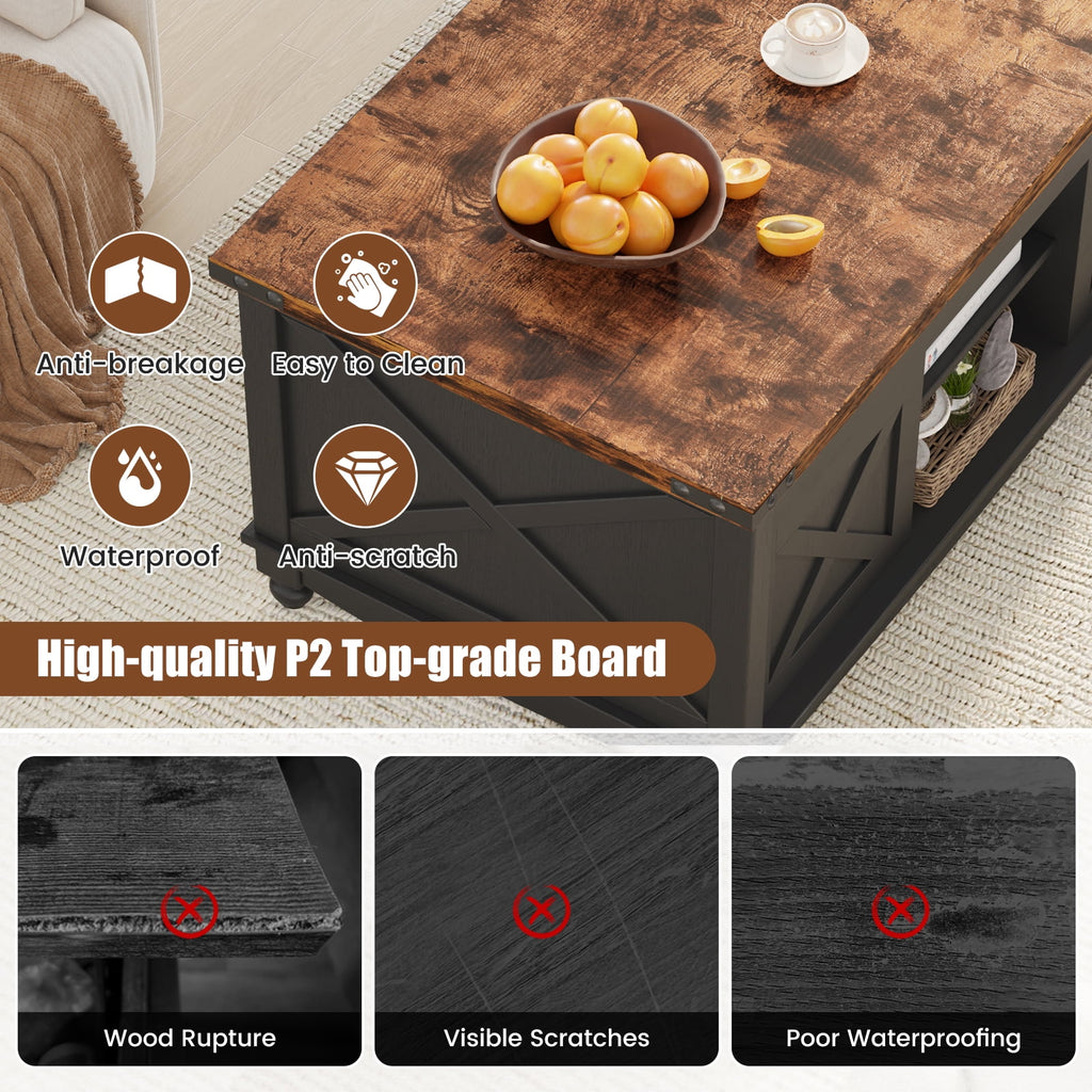 Flycity 48" Farmhouse Lift Top Coffee Table with Storage Sliding Barn Door, Lifting Tabletop Rustic Center Table with Large Hidden Compartment for Living Room, Black & Brown