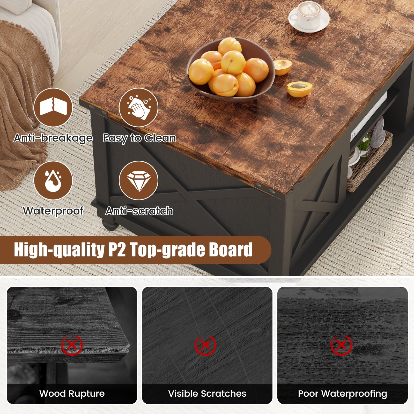 Flycity 48" Farmhouse Lift Top Coffee Table with Storage Sliding Barn Door, Lifting Tabletop Rustic Center Table with Large Hidden Compartment for Living Room, Black & Brown