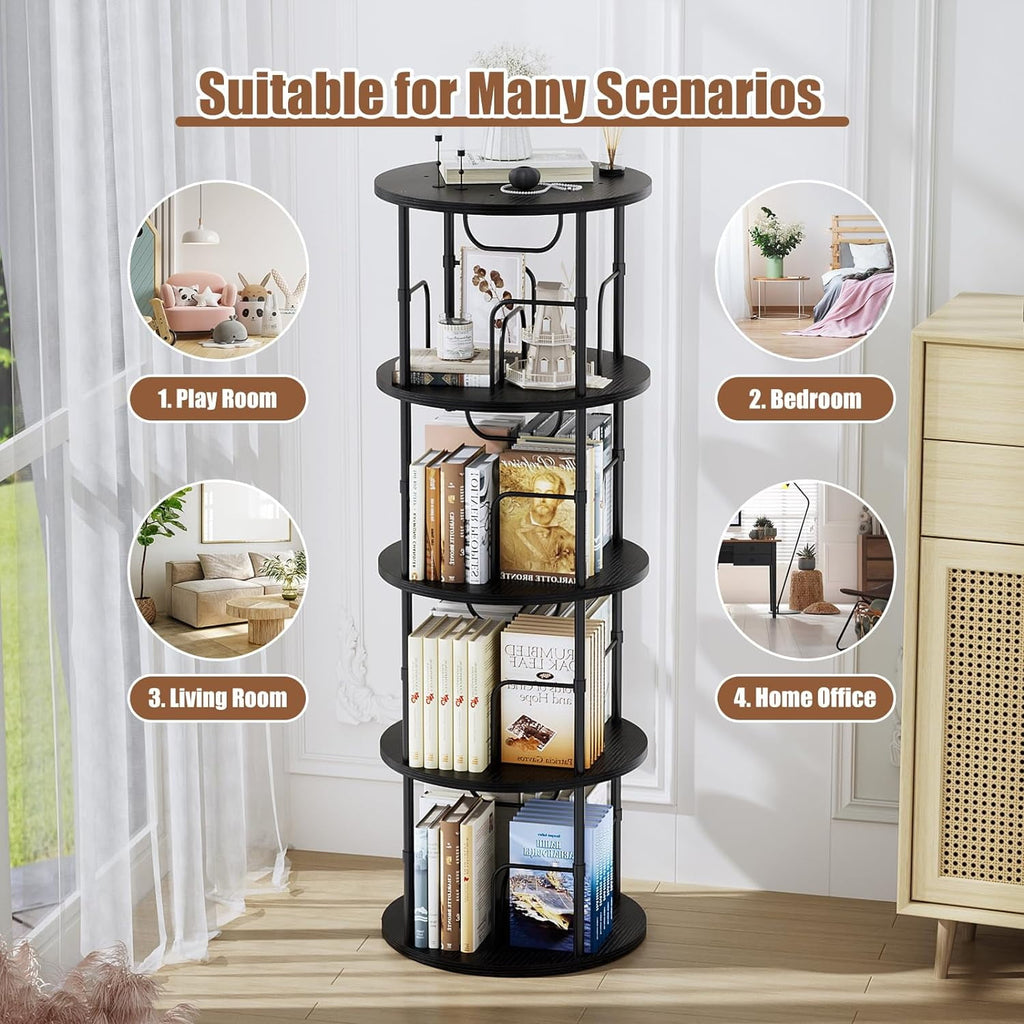 Flycity 4 Tier Rotate Bookcases, 360° Display Spin Bookcases Corner Shelf with Special Visible Partition Storage, Black