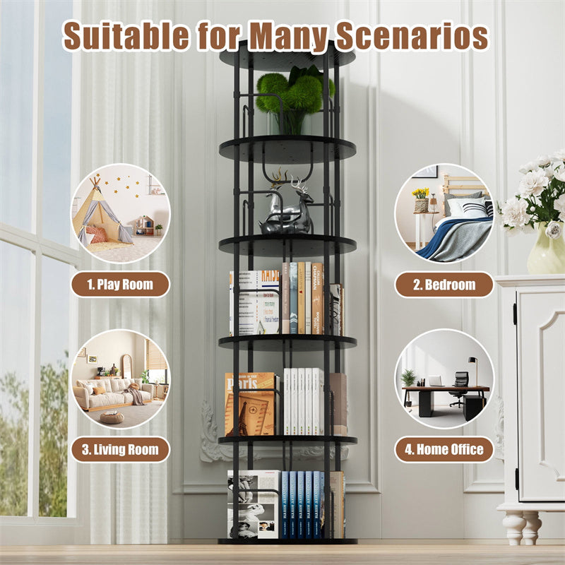 Flycity 5 Tier Rotating Bookshelf, 360° Display Rotating Bookcase Corner Storage Rack with Special Visible Partition Storage, Black