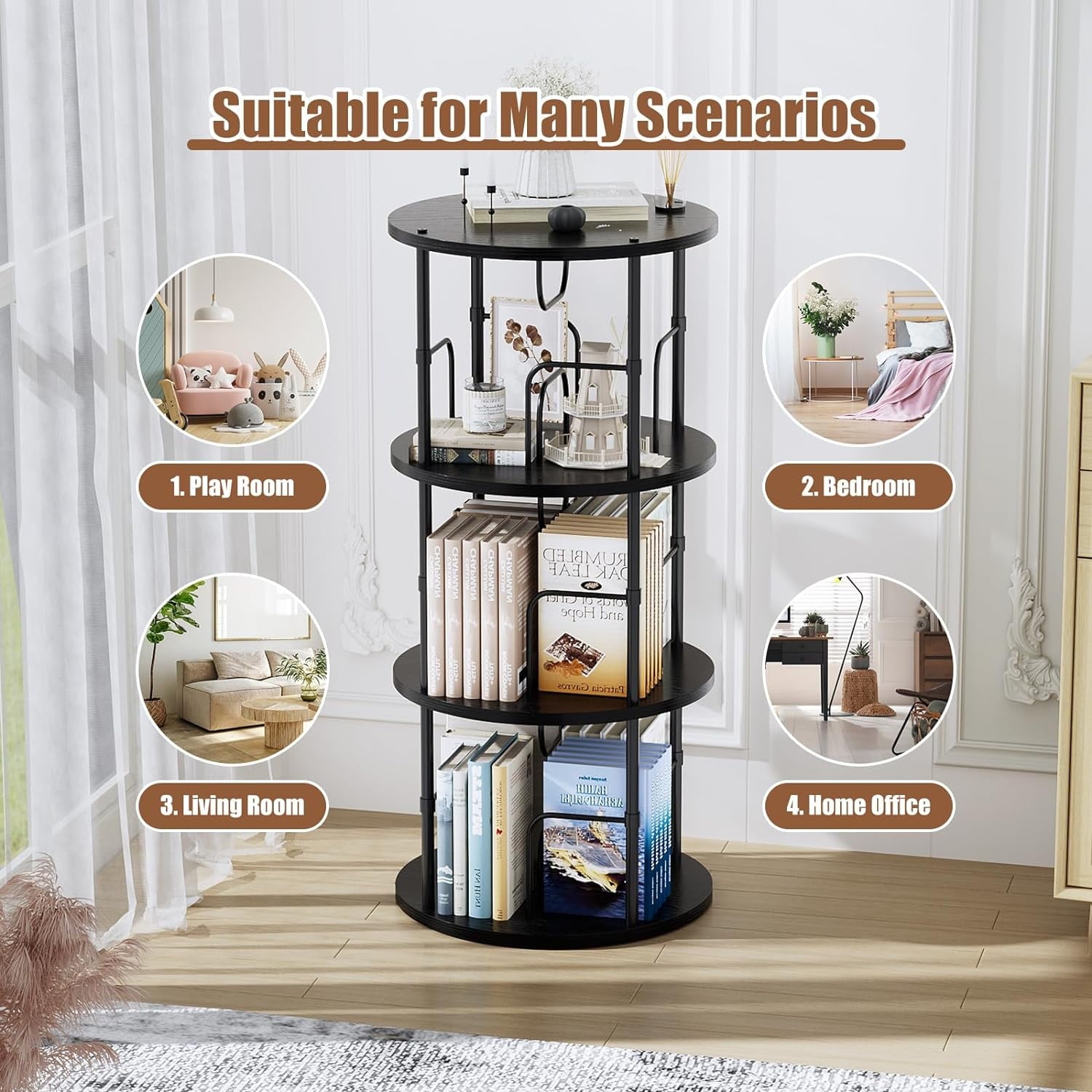 Flycity 3 Tier Rotating Bookshelf, 360° Display Rotating Bookcase Corner Storage Rack with Special Visible Partition Storage, Black