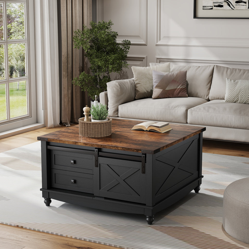 Flycity Square Lift Top Coffee Table with 2 Drawers, 31.5" Farmhouse Lift up Coffee Table with Hidden Storage Compartment, Wood Center Table for Living Room, Black