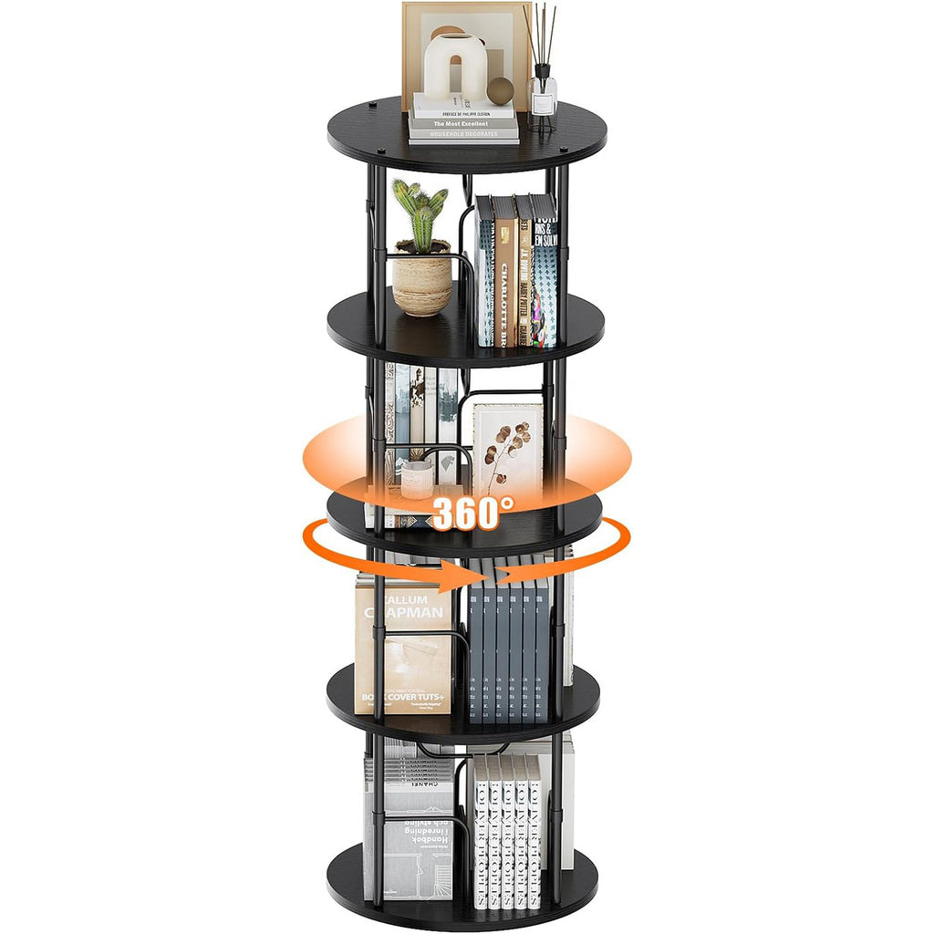 Flycity 4 Tier Rotate Bookcases, 360° Display Spin Bookcases Corner Shelf with Special Visible Partition Storage, Black
