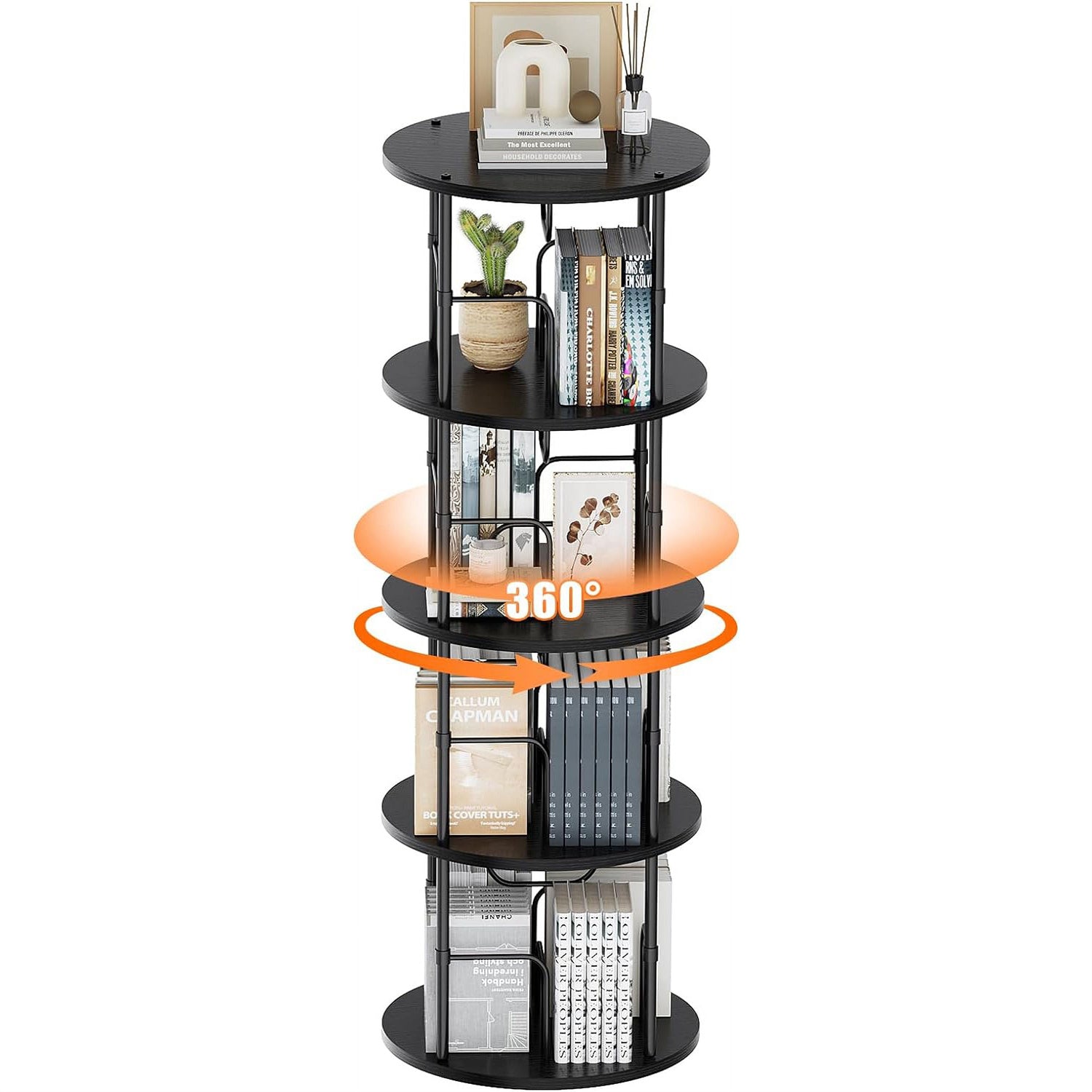 Flycity 4 Tier Rotate Bookcases, 360° Display Spin Bookcases Corner Shelf with Special Visible Partition Storage, Black