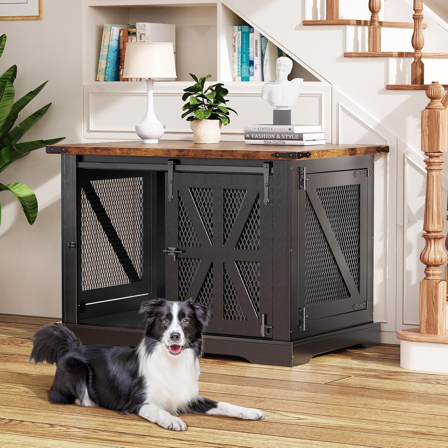 Flycity 39.3" Farmhouse Dog Crate Furniture with Sliding Door, Heavy Duty Dog Cage for Medium Small Dogs, Dog Kennel Furniture for Indoor Outdoor, Black