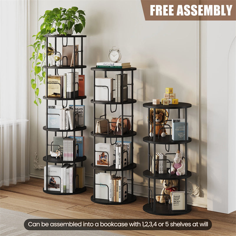 Flycity 5 Tier Rotating Bookshelf, 360° Display Rotating Bookcase Corner Storage Rack with Special Visible Partition Storage, Black