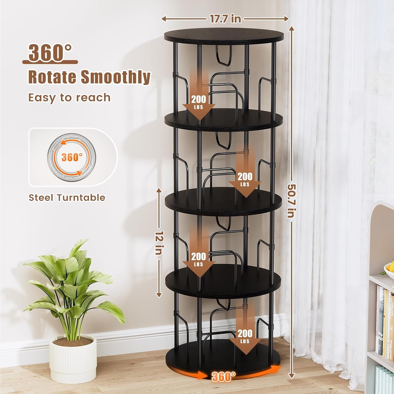 Flycity 4 Tier Rotate Bookcases, 360° Display Spin Bookcases Corner Shelf with Special Visible Partition Storage, Black