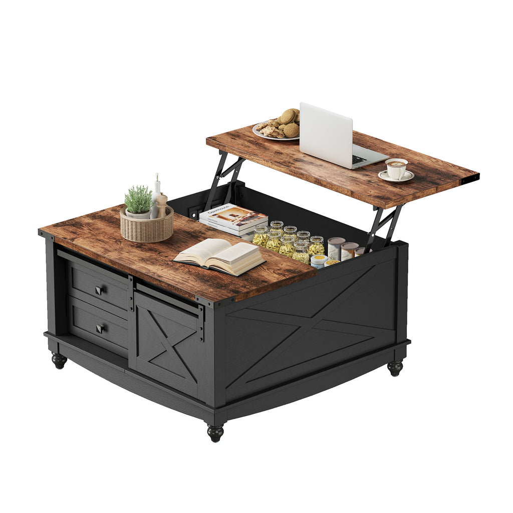 Flycity Square Lift Top Coffee Table with 2 Drawers, 31.5" Farmhouse Lift up Coffee Table with Hidden Storage Compartment, Wood Center Table for Living Room, Black